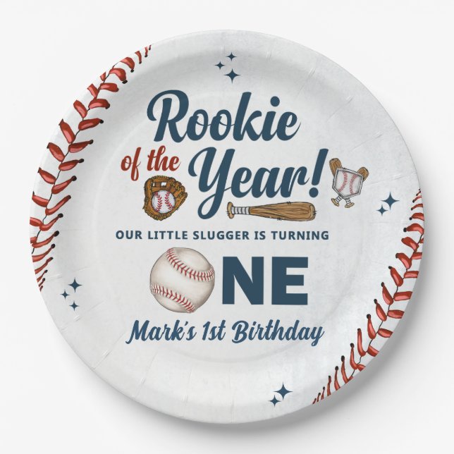 Rookie of the Year 1st Birthday Baseball Party Paper Plates (Front)