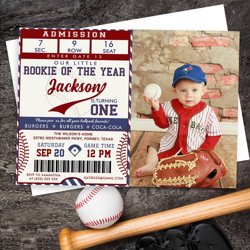 Rookie of the Year 1st Birthday Baseball Photo Invitation