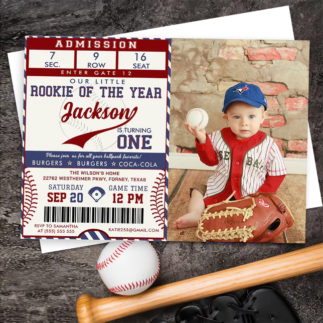 Rookie of the Year 1st Birthday Baseball Photo Invitation | Zazzle