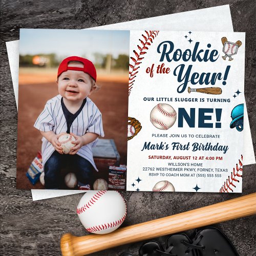 Rookie of the Year 1st Birthday Baseball Photo Invitation