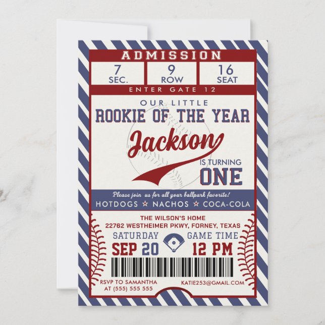 Rookie of the Year 1st Birthday Baseball Ticket In Invitation (Front)
