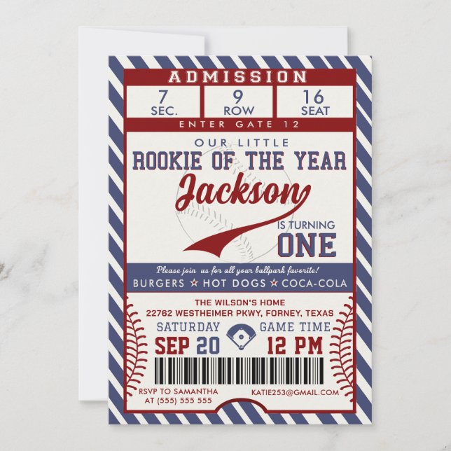 Rookie of the Year 1st Birthday Baseball Ticket Invitation (Front)