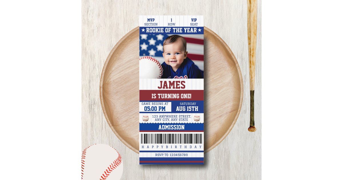Rookie of the Year 1st Birthday Baseball Ticket Invitation | Zazzle