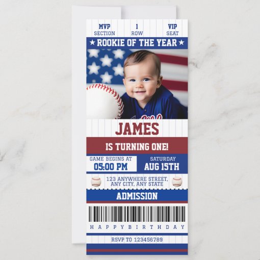 Rookie Of The Year 1st Birthday Baseball Ticket Invitation 