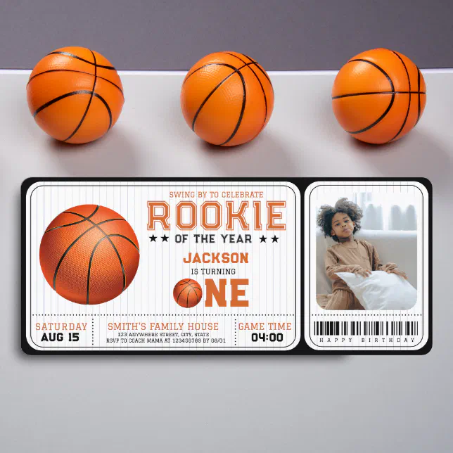 Rookie of the Year 1st Birthday Basketball Photo Invitation | Zazzle