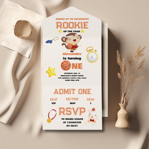 Rookie of the Year 1st Birthday Basketball Ticket All In One Invitation