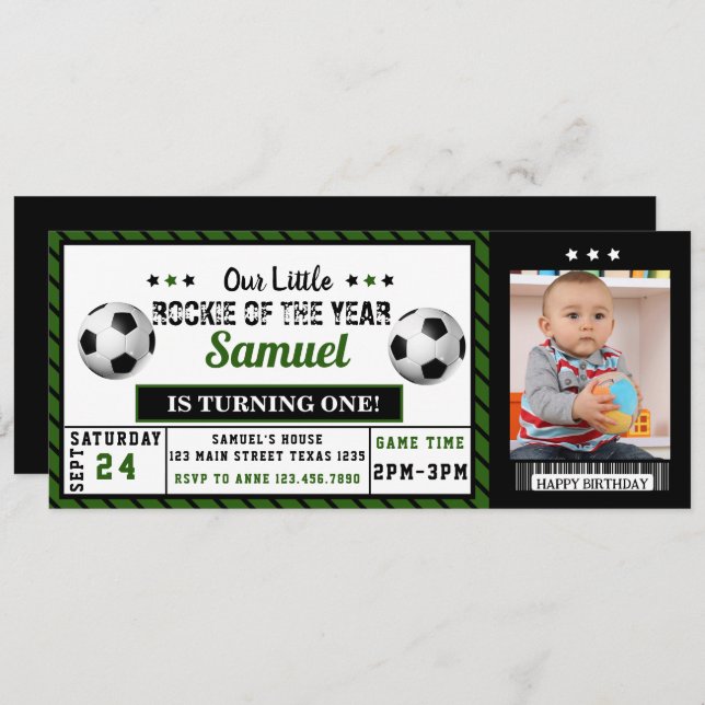 Rookie of the Year 1st Birthday Soccer Photo Invitation (Front/Back)
