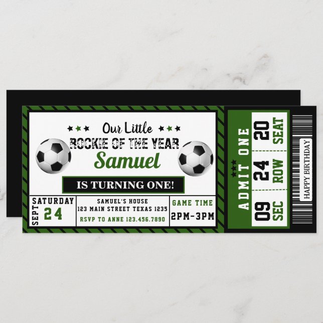 Rookie of the Year 1st Birthday Soccer Ticket Invitation (Front/Back)