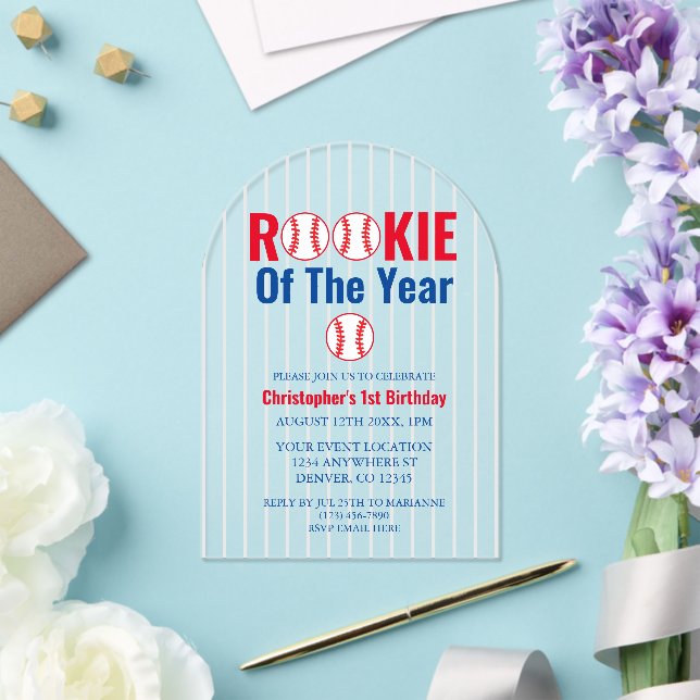 Rookie Of The Year Baseball 1st Birthday Acrylic Invitations (Insitu (Wedding))
