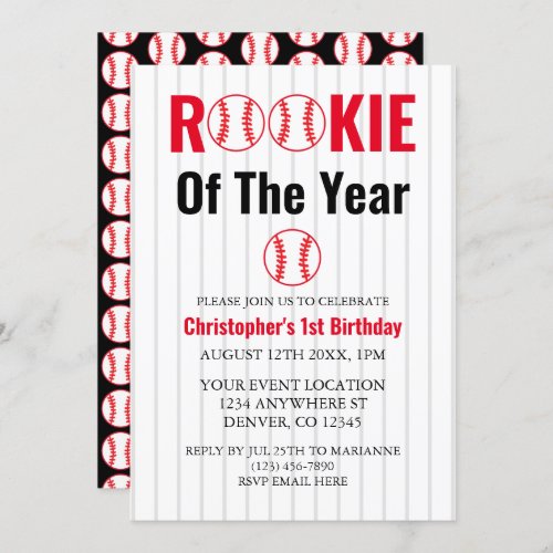 Rookie Of The Year Baseball 1st Birthday Invitation