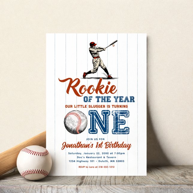 Rookie of the Year Baseball 1st Birthday Invitation (One Year Old Baseball Invitation)