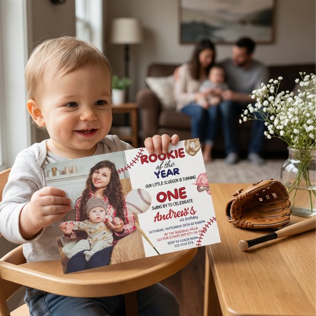 Rookie Of The Year Baseball 1st Birthday  Invitation (Rookie Of The Year Baseball 1st Birthday Invitation with Photo)