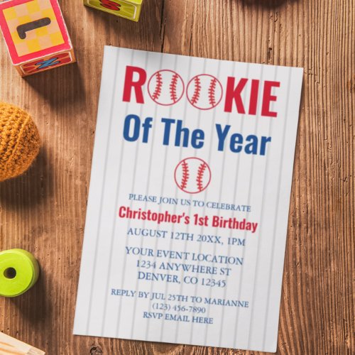 Rookie Of The Year Baseball 1st Birthday Invitation