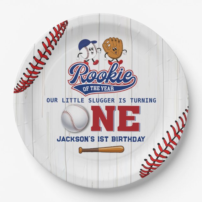 Rookie of the Year Baseball 1st Birthday Paper Plates (Front)