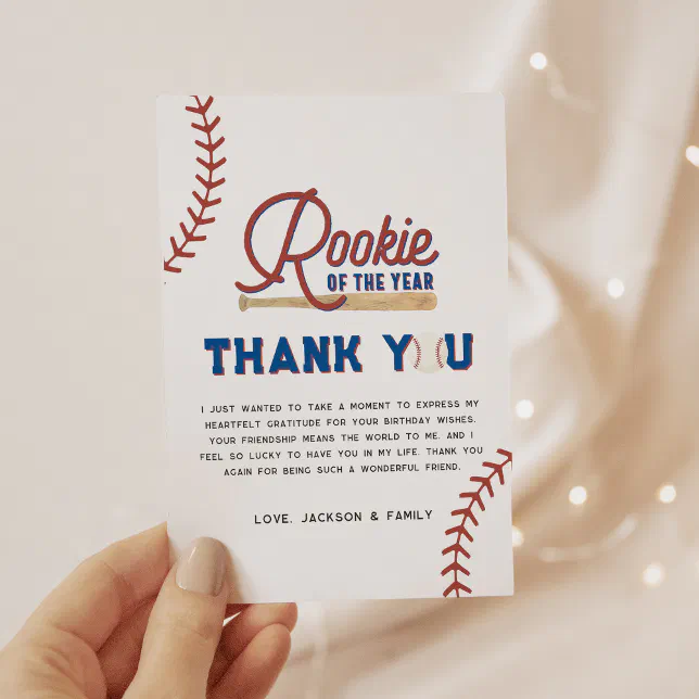 Rookie of the Year Baseball 1st Birthday Party Inv Thank You Card | Zazzle