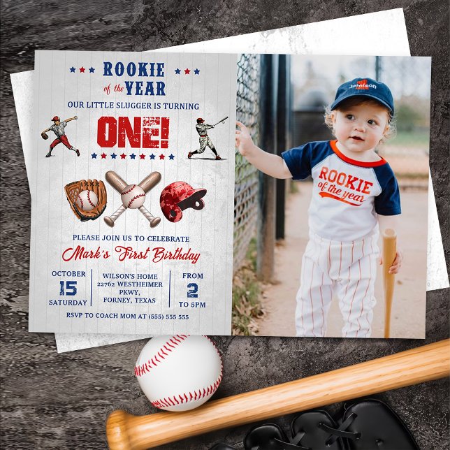 Rookie of the Year Baseball 1st Birthday Photo Invitation (Creator Uploaded)