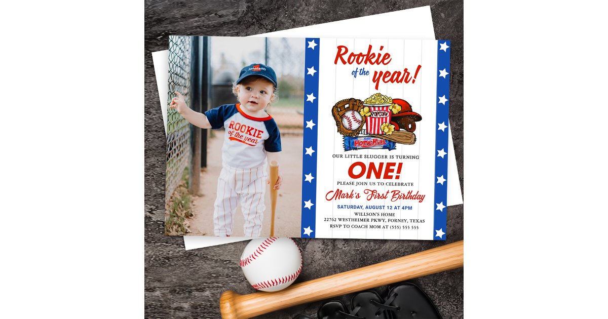 Rookie of the Year Baseball 1st Birthday Photo Invitation | Zazzle