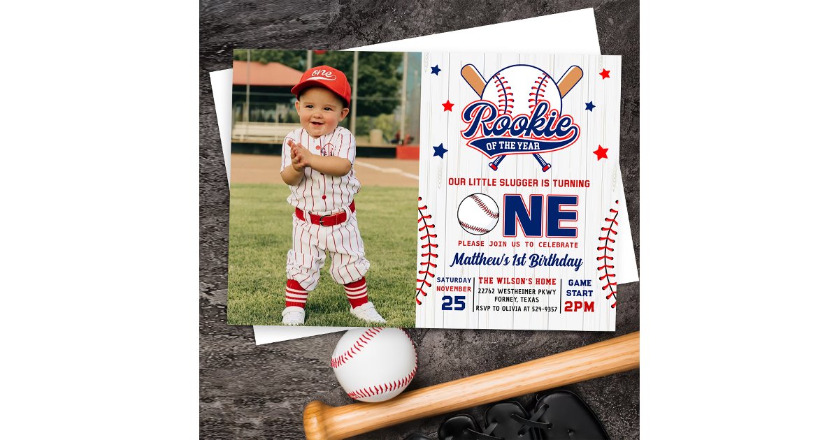 Rookie of the Year Baseball 1st Birthday Photo Invitation | Zazzle