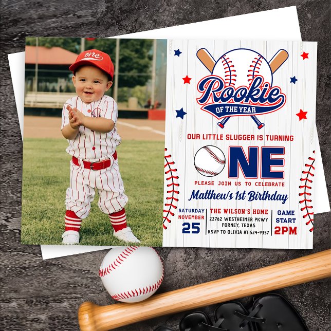 Rookie of the Year Baseball 1st Birthday Photo Invitation (Creator Uploaded)