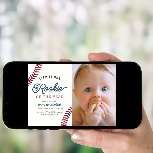 Rookie of the Year Baseball 1st Birthday Photo Invitation (Front Digital)