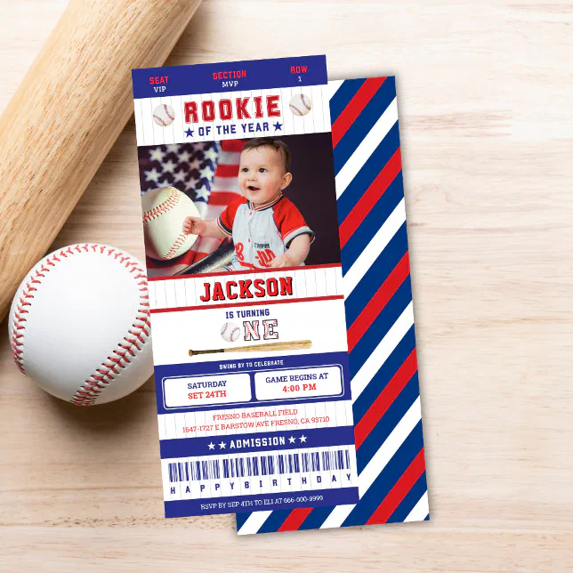 Rookie of the Year Baseball 1st Birthday Ticket Invitation | Zazzle