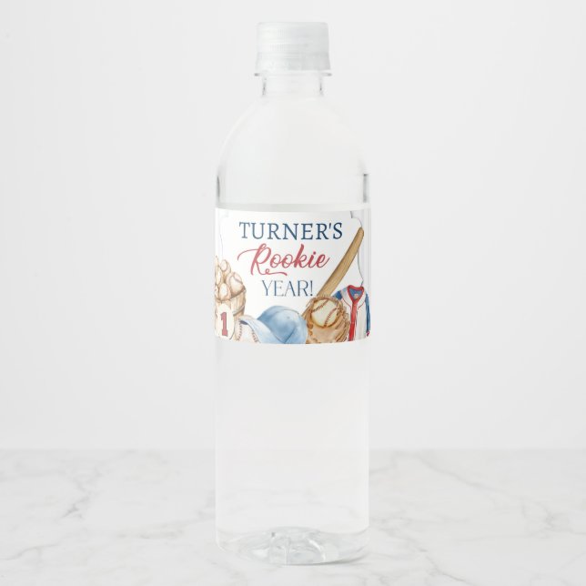 Rookie of the Year, Baseball Birthday, One  Water Bottle Label (Front)