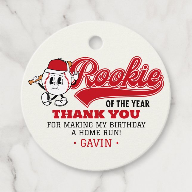 Rookie Of The Year Baseball Birthday Party Custom Favor Tags (Front)