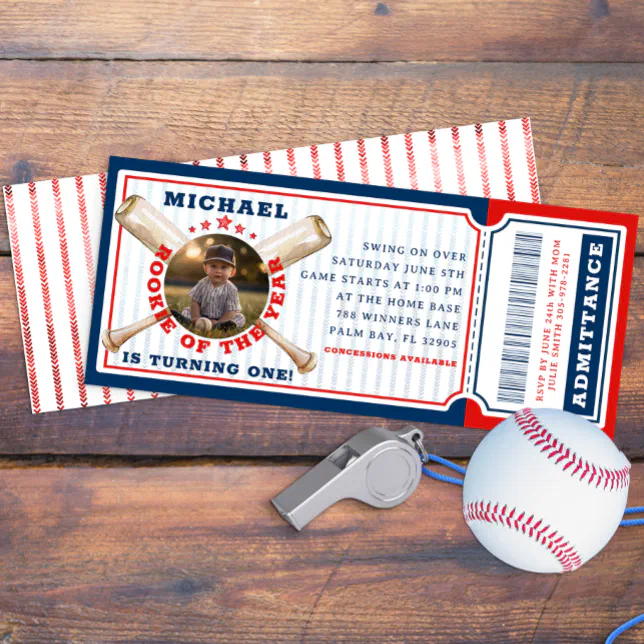 Rookie Of The Year Baseball Birthday Ticket Invitation | Zazzle