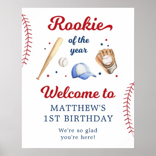 Rookie of the Year Baseball First Birthday Welcome Poster