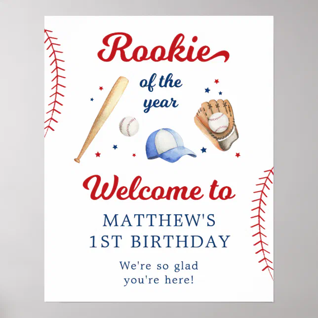 Rookie of the Year Baseball First Birthday Welcome Poster | Zazzle