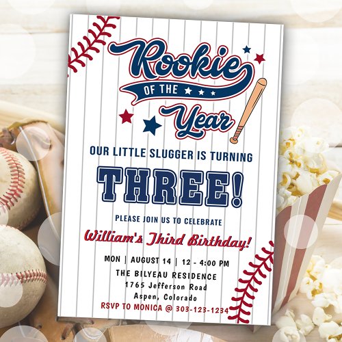 Rookie of the Year Baseball Third 3rd Birthday Invitation