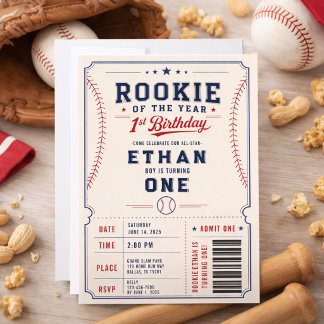 Rookie of the Year Baseball Ticket 1st Birthday Invitation