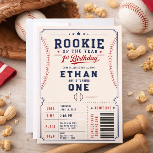 Rookie of the Year Baseball Ticket 1st Birthday Invitation