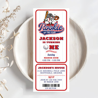 Rookie Of The Year Baseball Ticket 1st Birthday Invitation