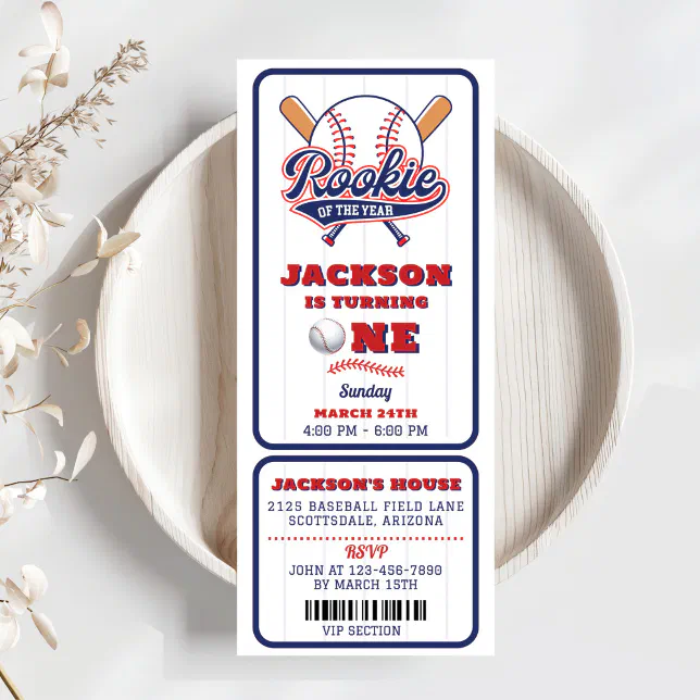Rookie Of The Year Baseball Ticket 1st Birthday Invitation | Zazzle