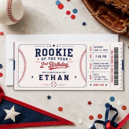 Rookie of the Year Baseball Ticket 2nd Birthday Invitation