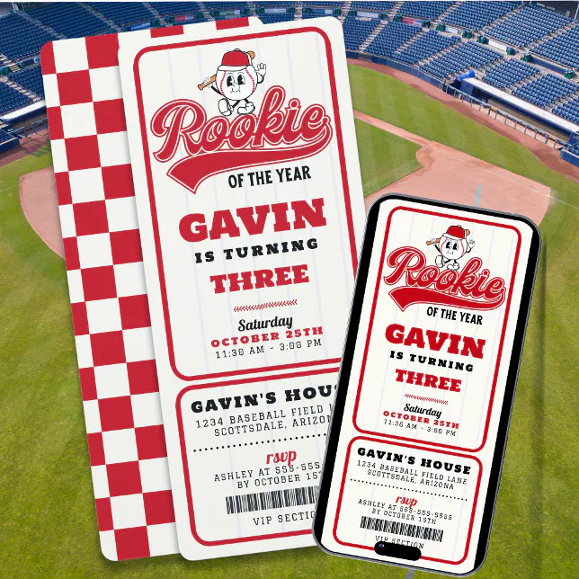 Rookie Of The Year Baseball Ticket Custom Birthday Invitation | Zazzle