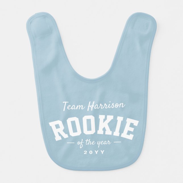 Rookie of the year cute blue family name baby bib (Front)