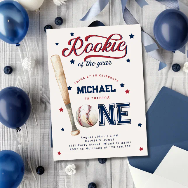 Rookie of the Year First Birthday Baseball Party Invitation | Zazzle