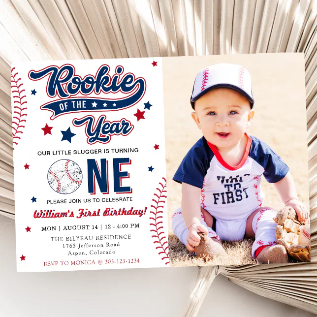 Rookie Of The Year First Birthday Baseball Party Invitation | Zazzle