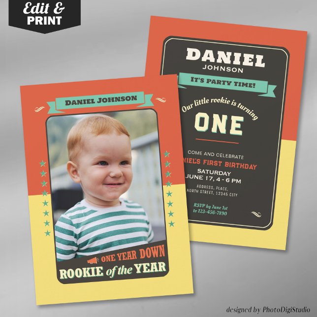 Rookie of the Year First Birthday Party Invitation (Editable Rookie of the Year First Birthday Party Invitation)