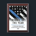 Rookie of the Year Police Officer Department Award Plaque<br><div class="desc">This design features a police force flag with black and white stripes,  and a thin blue line stripe as well. This award is great for showing appreciation to an officer,  sheriff,  captain,  or chief for their service and recognizing them as officer of the year.</div>