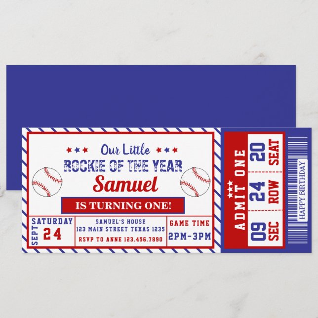 Rookie Year 1st Birthday Baseball Ticket  Invitation (Front/Back)