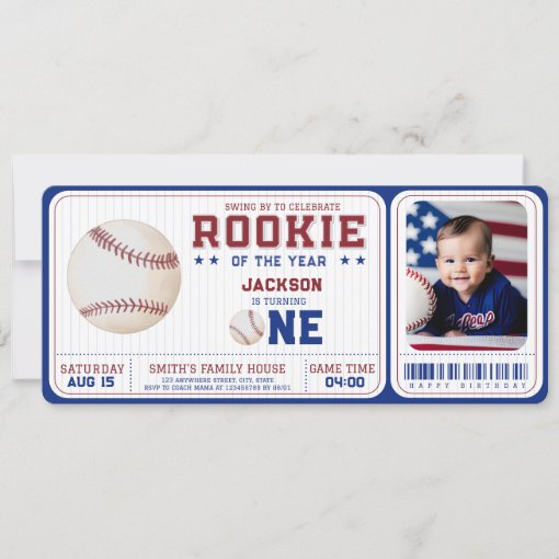 Rookie Year 1st Birthday Baseball Ticket PHOTO Invitation | Zazzle