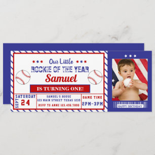 Rookie Year 1st Birthday Baseball Ticket Photo Invitation