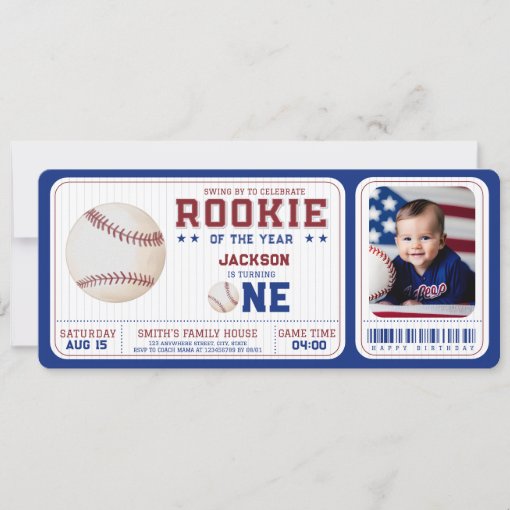 Rookie Year 1st Birthday Baseball Ticket PHOTO Invitation | Zazzle