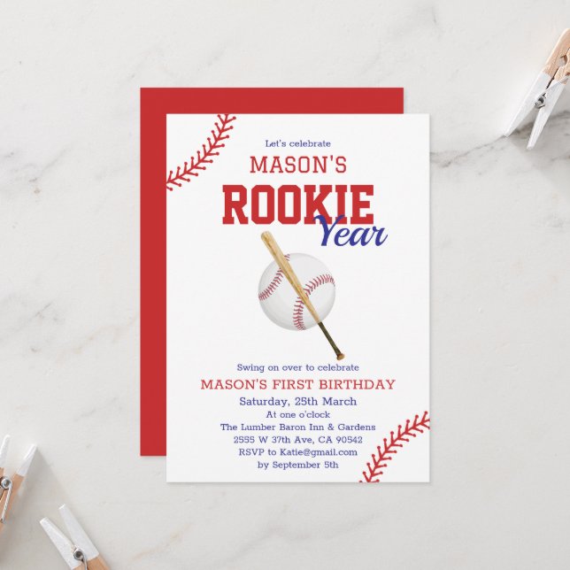 Rookie Year Baseball 1st Birthday Invitation (Front/Back In Situ)