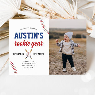 Rookie Year Baseball 1st Birthday Photo Invitation
