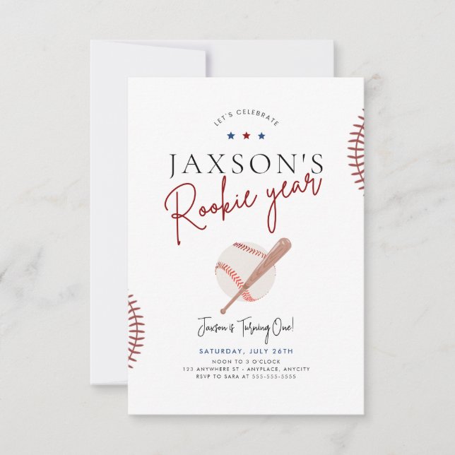 Rookie Year First Birthday Invitation Baseball  (Front)