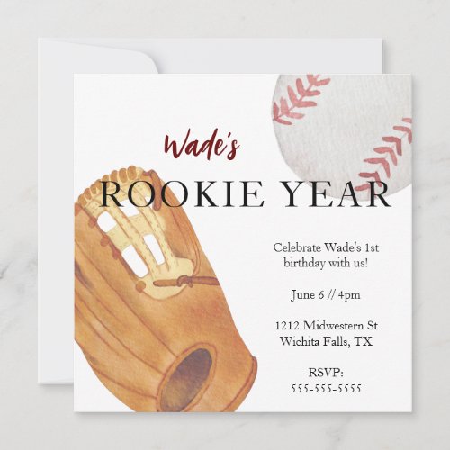 Rookie Year First Birthday Sports Baseball Theme Invitation